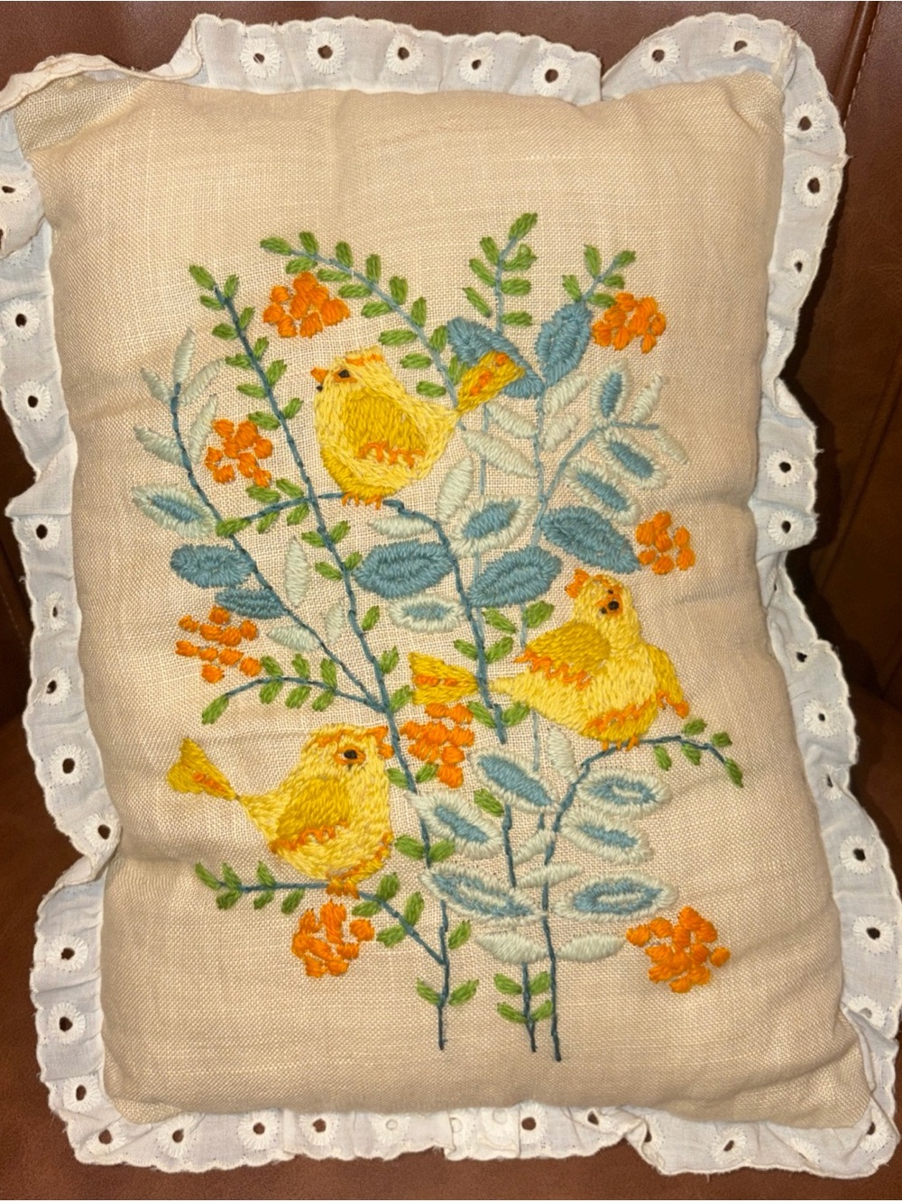 Vintage Hand Stitched Yellow Bird Floral Pillow  Handmade Throw Accent Granny